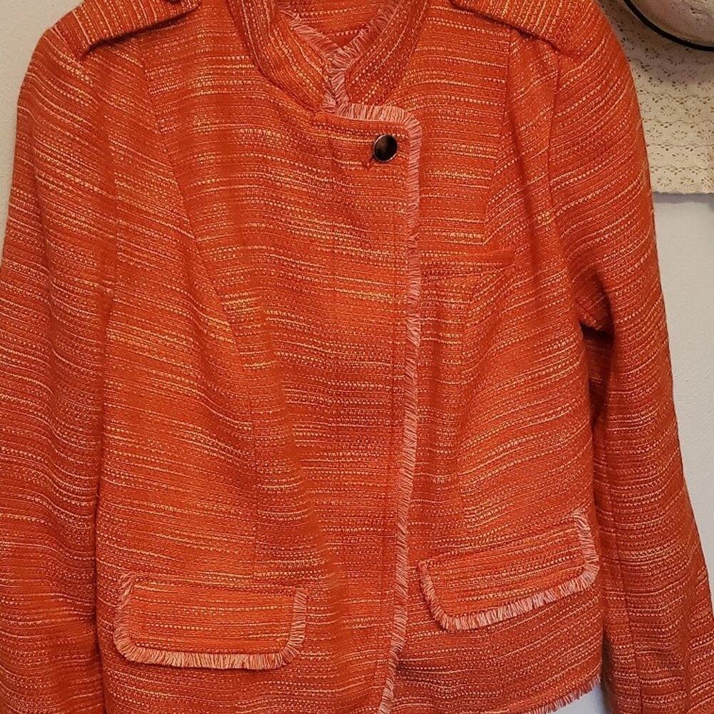 Chicos Fall Womens Lined Blazer w Frayed Trimming Hidden Zipper 3 Pockets Size 0